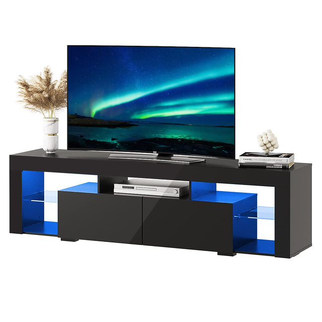 LED TV Stand for 60/65/70 Inch TV, Entertainment Center with Open Shelves, TV Console with 2 Storage Drawers for Bedroom, Living Room, Media Stand with Display Glass, Black