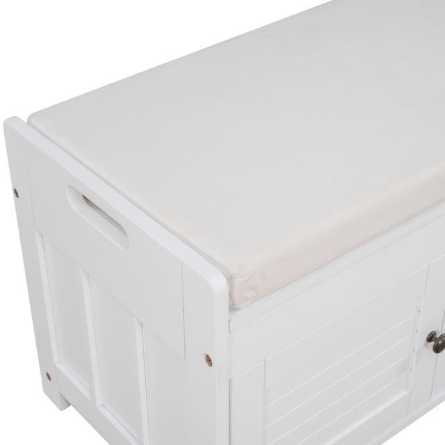 TREXM  Storage Bench with 3 Shutter-shaped Doors,  Shoe Bench with Removable Cushion and Hidden Storage Space (White)