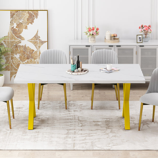 70.87"Modern Square Dining Table with Printed White Marble Table Top+Gold X-Shape Table Leg