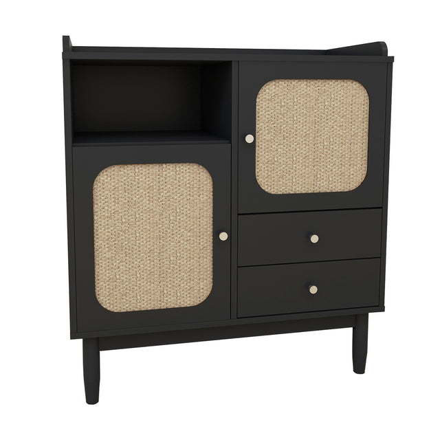 Sideboard Cabinet Display Buffet Storage Cabinet with 2 Woven Cane Doors，2 Drawers and 1 Storage Shelf-black