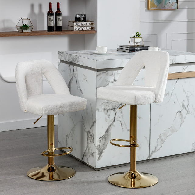 Golden Swivel Velvet Barstools Adjusatble Seat Height from 25-33 Inch, Modern Bar Stool & Counter Stools with Nailheads for Home Pub and Kitchen Island,Set of 2, Faux White Rabbit Hair