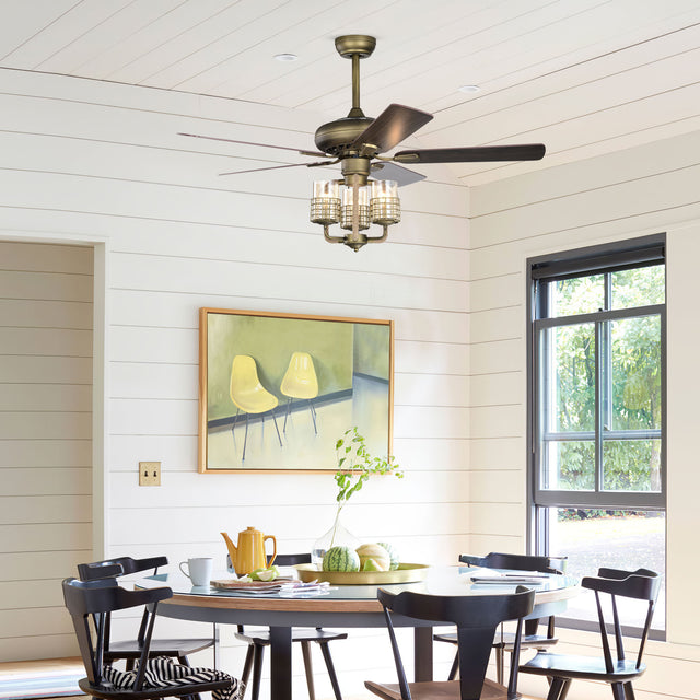 52inch Bronze Metal 3 Lights Ceiling Fan with 5 Wood Blades, Two-color fan blade, AC Motor, Remote Control, Reversible Airflow, Multi-Speed, Adjustable Height, Traditional Ceiling Fan