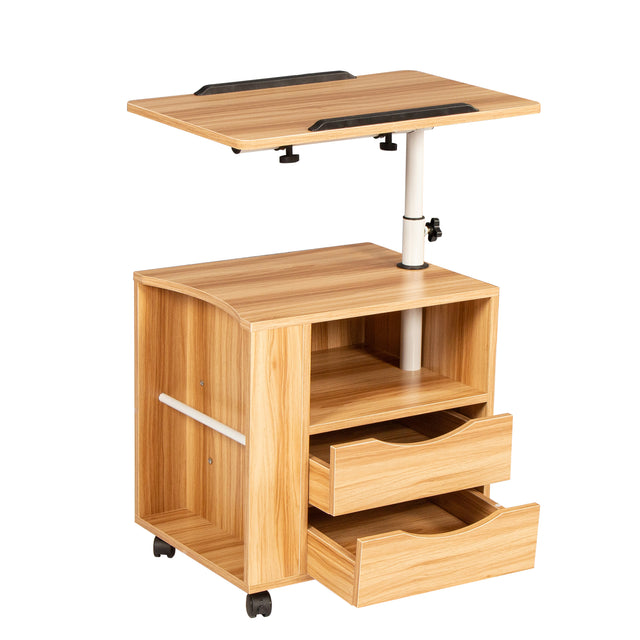 Height Adjustable Overbed End Table Wooden Nightstand with Swivel Top, Storage Drawers, Wheels and Open Shelf,  (White Maple)