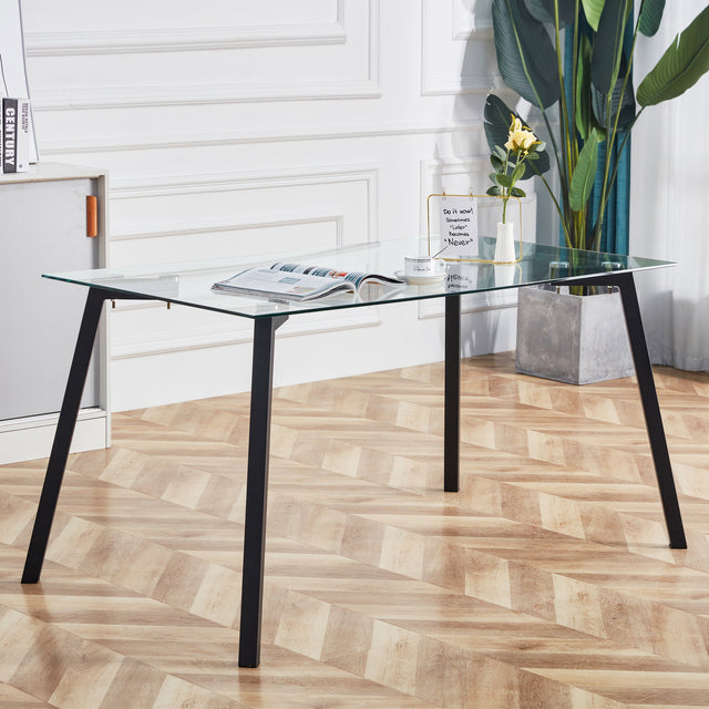 Glass Dining Table and Brown Dining Chair 4-Piece Set  Rectangular 0.31" Tempered Glass Tabletop and Black Coating Metal Dining Table size 47" W x 31"D x 30" H