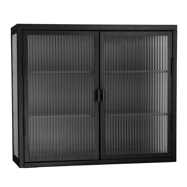Retro Style  Haze Double Glass Door Wall Cabinet With Detachable Shelves for Office, Dining Room,Living Room, Kitchen and Bathroom Black