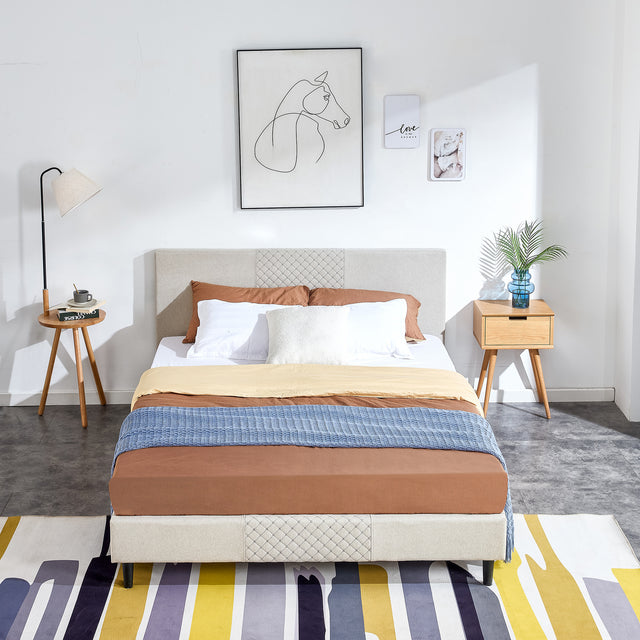 Full Size Platform Bed Frame with Fabric Upholstered Headboard and Wooden Slats Support, Fully Upholstered Mattress Foundation/No Box Spring Needed/Easy Assembly, Beige