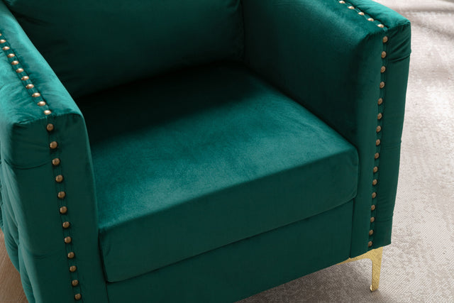Modern Velvet Armchair Tufted Button Accent Chair Club Chair with Steel Legs for Living Room Bedroom，Green