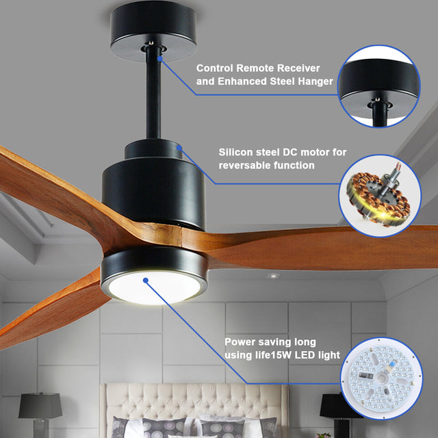 Quiet 52” Wood Ceiling Fans with Lights and Remote Moisture-proof Outdoor Ceiling Fan for Patios, 6 Speeds Ceiling Fan for Living Bedroom Kitchen, 3 Light Color, Timer Function, Reversible Motor