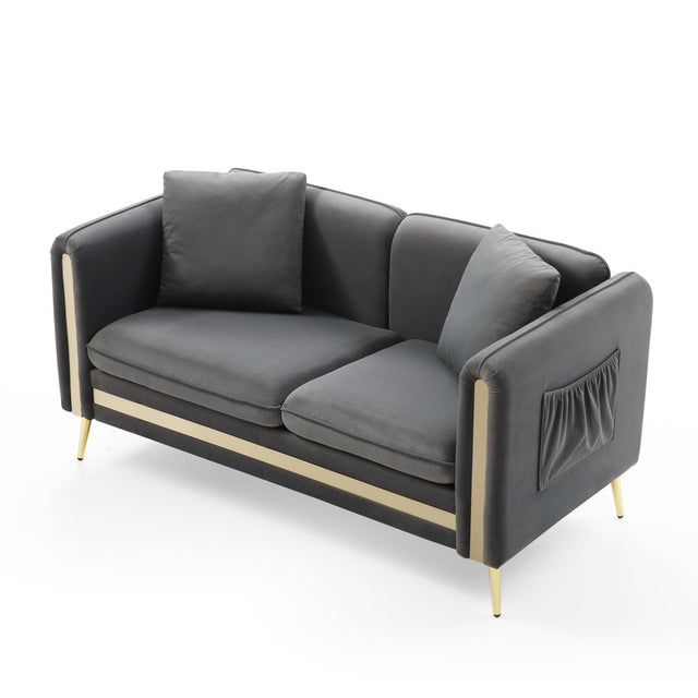 59” Modern Upholstered Velvet Loveseat Sofa 2 Seater Couch with Removable Cushions Side Pocket Mid-Century Tufted Living Room Set Gold Metal Legs,2 Pillows Included,Grey