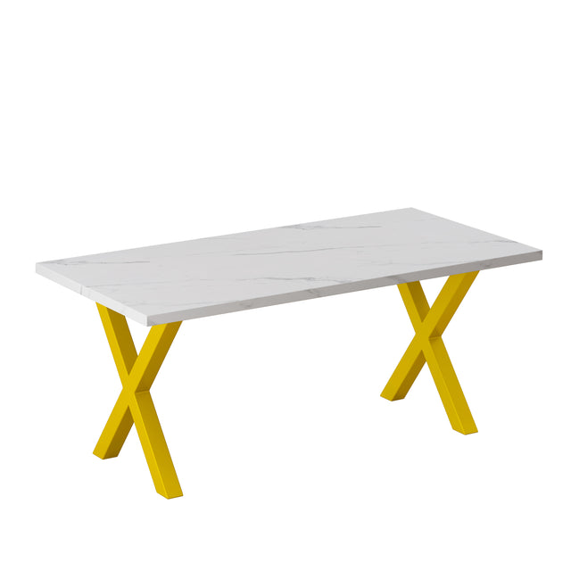 70.87"Modern Square Dining Table with Printed White Marble Table Top+Gold X-Shape Table Leg