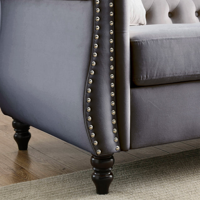 [Video] 80" Chesterfield Sofa Grey Velvet for Living Room, 3 Seater Sofa Tufted Couch with Rolled Arms and Nailhead for Living Room, Bedroom, Office, Apartment, two pillows