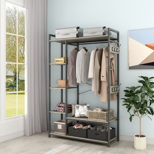 JHX Organized Garment Rack with Storage, Free-Standing Closet System with Open Shelves and Hanging Rod(Grey,45.3’’w x 15.75’’d x 70.08’’h).