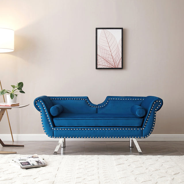 61“Width Modern Accent Velvet Upholstered Loveseat Settee Nailhead Trimming Curved Backrest Rolled Arms Couch with Removable Cushion Silver Metal Legs Living Room Set,Blue