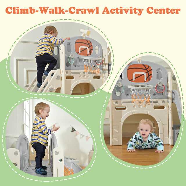 Kids Slide Playset Structure 9 in 1, Freestanding Castle Climbing Crawling Playhouse with Slide, Arch Tunnel, Ring Toss, Realistic Bus Model and Basketball Hoop, Toy Storage Organizer for Toddlers