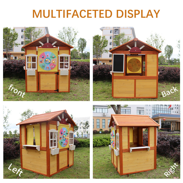 Outdoor Playhouse for Kids Wooden Cottage with Working Doors Windows Pretend Play House for Age 3-8 Years