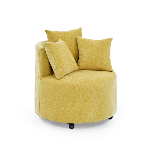 Modern Chenille Upholstered Swivel Backrest Chair for Living Room, with Movable Wheels, Including 3 Pillows, Yellow