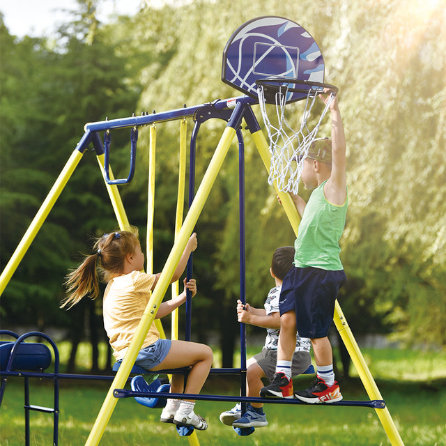 5 in 1 Outdoor Toddler Swing Set for Backyard, Playground Swing Sets with Steel Frame, Swing n' Slide Playset for Kids with Seesaw Swing, Basketball Hoop