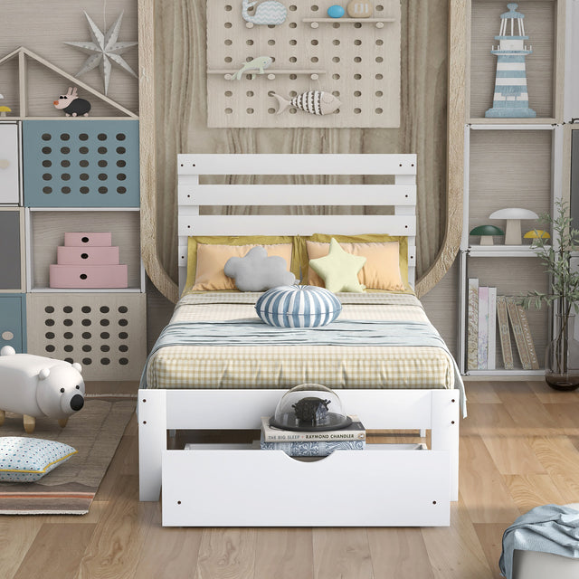 Twin Size Platform Bed with Drawer, White(New SKU:WF288467AAK)