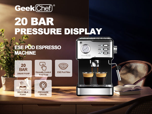 Geek Chef Espresso Machine,Espresso and Cappuccino latte Maker 20 Bar Pump Coffee Machine Compatible with pressure gauge&Milk Frother Steam Wand,stainless steel,1.5L Water ,Complimentary ESE FilterTan