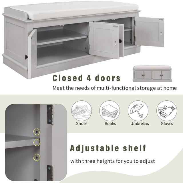 TREXM Storage Bench with 4 Doors and Adjustable Shelves, Shoe Bench with Removable Cushion for Living Room, Entryway (Gray Wash)
