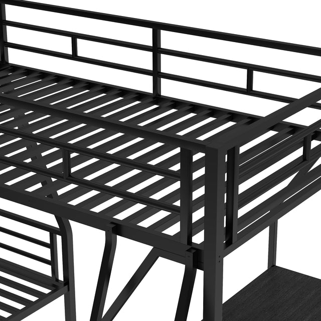 Twin over Full Bunk Bed with a Twin Size Loft Bed attached, with a Desk, Metal, Black