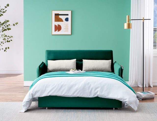 2120 Sofa Pull Out Bed Included Two Pillows 54" Green Velvet Sofa for Small Spaces