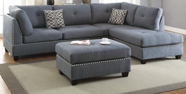 3-pcs Sectional Sofa Blue Grey Polyfiber Cushion Sofa Chaise Ottoman Reversible Couch Pillows