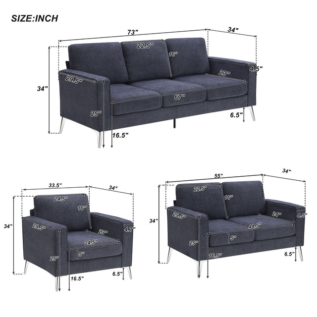 [VIDEO provided] [New]Modern 3-Piece Sofa Sets with Sturdy Metal Legs,Chenille Upholstered Couches Sets Including 3-Seat Sofa, Loveseat and Single Chair for Living Room Furniture Set (1+2+3 Seat)