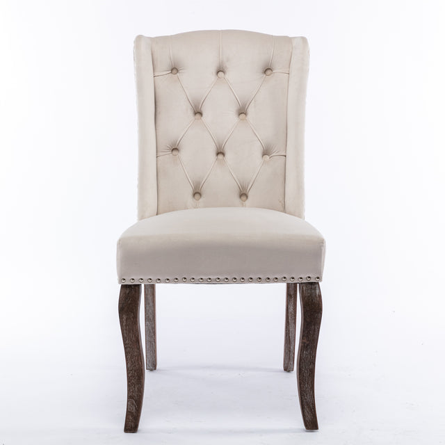 A&A Furniture,Wingback Dining Chair，Traditional Tufted Upholstered America Luxury Chairs， Country Cottage Farm Beach Dining Kitchen Vintage Style Side Chair, Velvet Fabric Wood, Set of 2，Beige