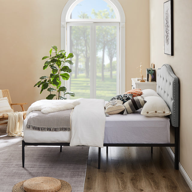 B113 Full bed, Beautiful headboard with buttons  Strong iron frame with high temperature paint