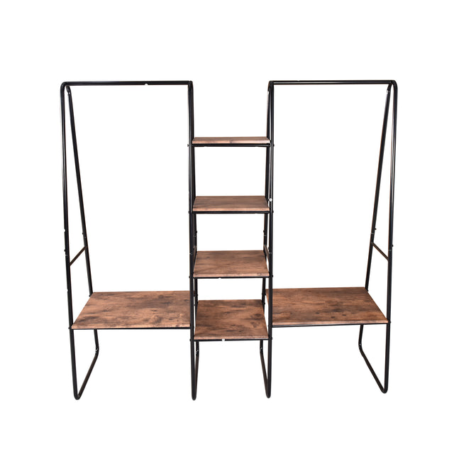 Metal Clothing Rack Garment ,Clothing Rack with 6 Shelves, 4 -Tiers Wood Shelves Heavy Duty Clothes Rack  for Hanging Clothes,Standing Coat Rack,Bedroom Clothes Storage and Organizer,Black
