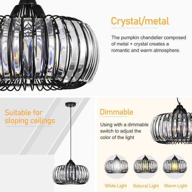 Modern Oblate Black Crystal Chandelier Fixture，Ceiling Pendant light for Living Room, Bedroom, Kitchen, Dining Room, Hallway，Adjustable Color Temperature，Dimmable，120V，E26，W16.5*L31.5