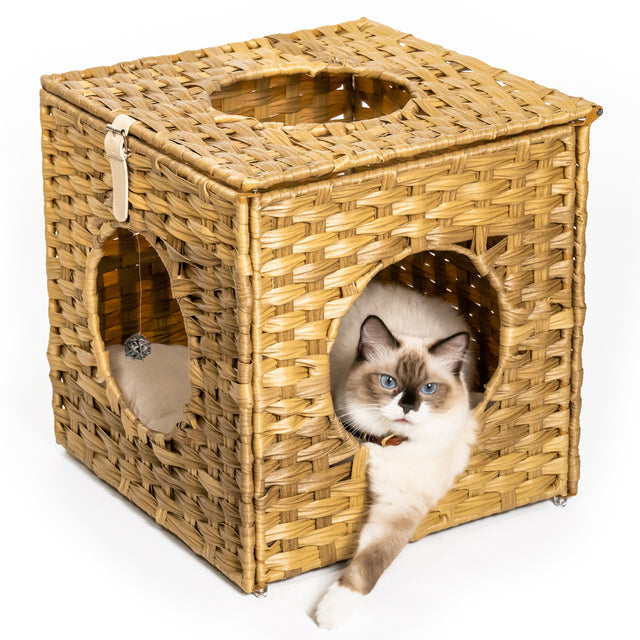 Rattan Cat Litter,Cat Bed with Rattan Ball and Cushion,yellowish brown
