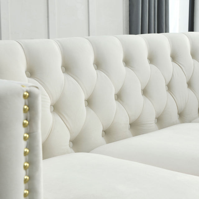 {Contact us for 3D modeling} Velvet Sofa for Living Room,Buttons Tufted Square Arm Couch, Modern Couch Upholstered Button and Metal Legs, Sofa Couch for Bedroom, Beige Velvet