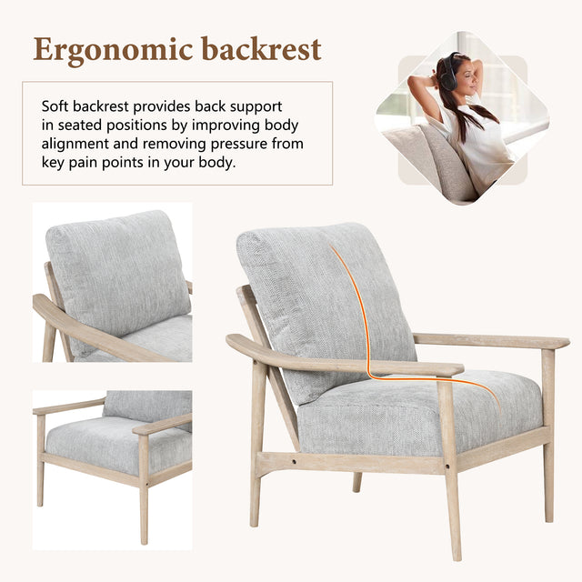 【EAT 3.10】Mid Century Modern Chair with Solid Wood Frame,Arm Chair with Vertical Slatted Back,Thick Pad Upholstered Accent Chair for Living Room, Bedroom, Belcony, Natural
