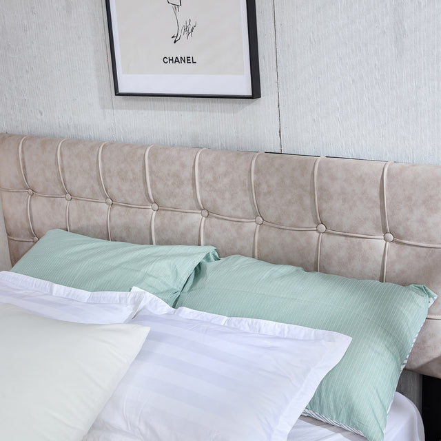 Queen Size Bed Frame Modern Vertical Panel Upholstered Low Profile Platform with Adjustable Headboard/No Box Spring Needed/No Bed Skirt Needed/Leathaire Upholstery/Beige (Queen Size)