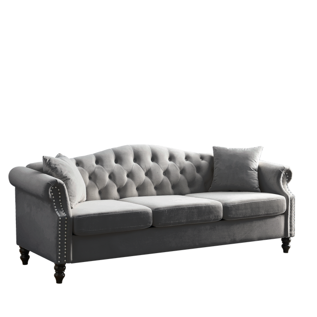 [Video] 79" Chesterfield Sofa Grey Velvet for Living Room, 3 Seater Sofa Tufted Couch with Rolled Arms and Nailhead for Living Room, Bedroom, Office, Apartment, two pillows