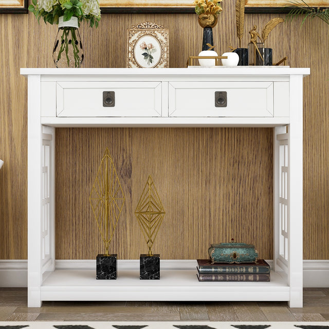 TREXM  Console Table with 2 Drawers and Bottom Shelf, Entryway Accent Sofa Table (White)