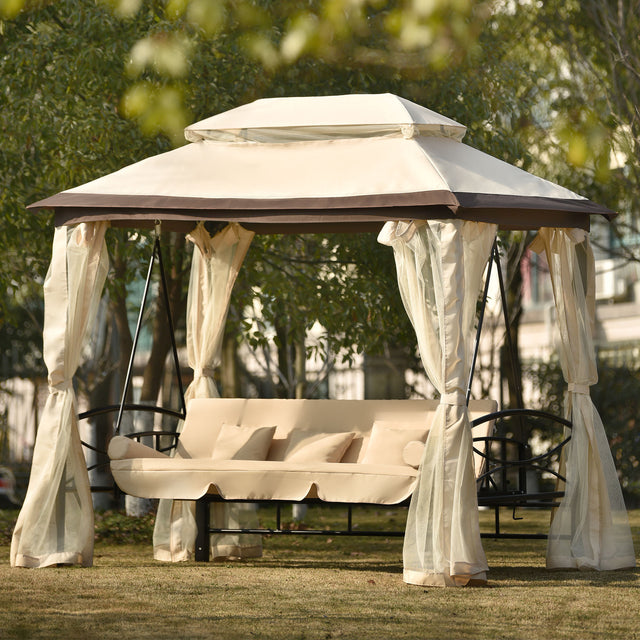 [VIDEO provided] U_STYLE 8.9 Ft. W x 5.9 Ft. D Outdoor Gazebo with Convertible Swing Bench, Double Roof Soft Canopy Garden Backyard Gazebo with Mosquito Netting Suitable for Lawn, Garden, Backyard