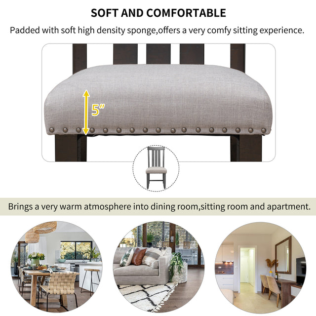 TREXM Set of 2 Fabric Upholstered Dining Chairs with Sliver Nails and Solid Wood Legs (Espresso)