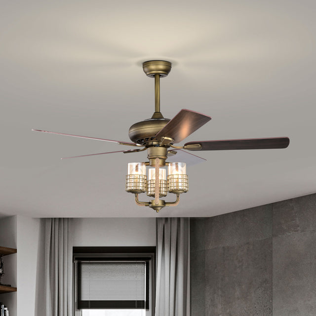 52inch Bronze Metal 3 Lights Ceiling Fan with 5 Wood Blades, Two-color fan blade, AC Motor, Remote Control, Reversible Airflow, Multi-Speed, Adjustable Height, Traditional Ceiling Fan