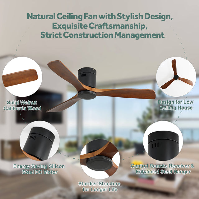 Low Profile Ceiling Fan DC 3 Carved Wood Fan Blade Noiseless Reversible Motor Remote Control Without Light