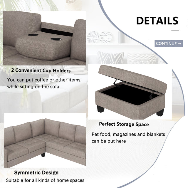 Orisfur. Sectional Corner Sofa L-shape Couch Space Saving with Storage Ottoman & Cup Holders Design for Large Space Dorm Apartment