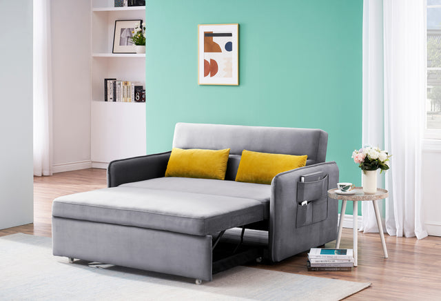 2120 Sofa Pull Out Bed Included Two Pillows 54" Grey Velvet Sofa for Small Spaces
