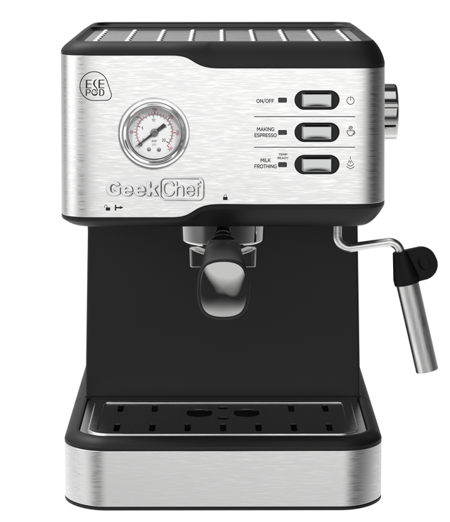 Geek Chef Espresso Machine,Espresso and Cappuccino latte Maker 20 Bar Pump Coffee Machine Compatible with pressure gauge&Milk Frother Steam Wand,stainless steel,1.5L Water ,Complimentary ESE FilterTan