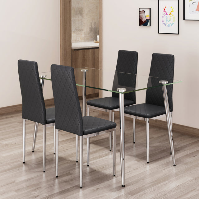 Glass dining table, dining chair set, 4 black dining chairs and 1 dining table Table size 47 "W x 29" D x 30 "H