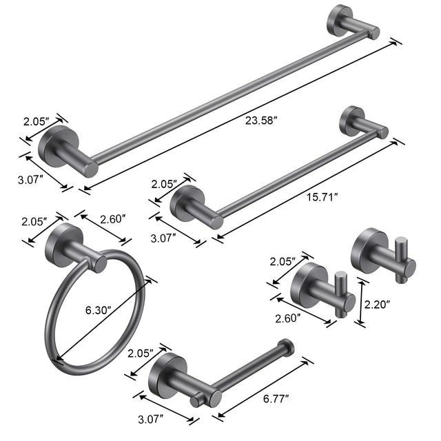 Bathroom Hardware Set, Thicken Space Aluminum 6 PCS Towel bar Set- Gun Grey 24 Inches Wall Mounted