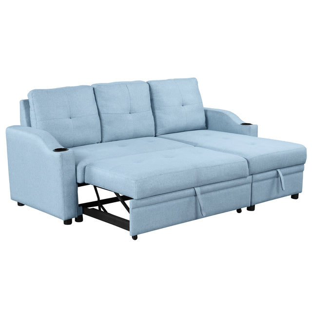 80.3" Orisfur. Pull Out Sofa Modern Padded Upholstered Sofa , Linen Fabric 3 Seater Couch with Storage Chaise and Cup Holder , Small Couch for Small Spaces