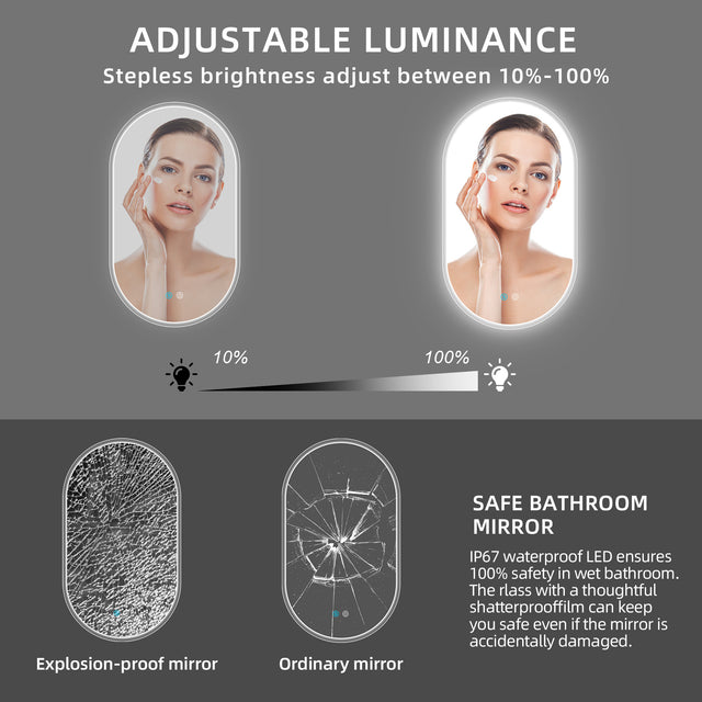 32X20 Inch Bathroom Mirror with Lights, Anti Fog Dimmable LED Mirror for Wall Touch Control, Frameless Oval Smart Vanity Mirror Vertical Hanging
