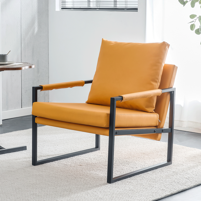 PU Leather Accent Arm Chair Mid Century Modern Upholstered Armchair with Metal Frame Extra-Thick Padded Backrest and Seat Cushion Sofa Chairs for Living Room ( orange PU Leather + Metal Frame + Foam)
